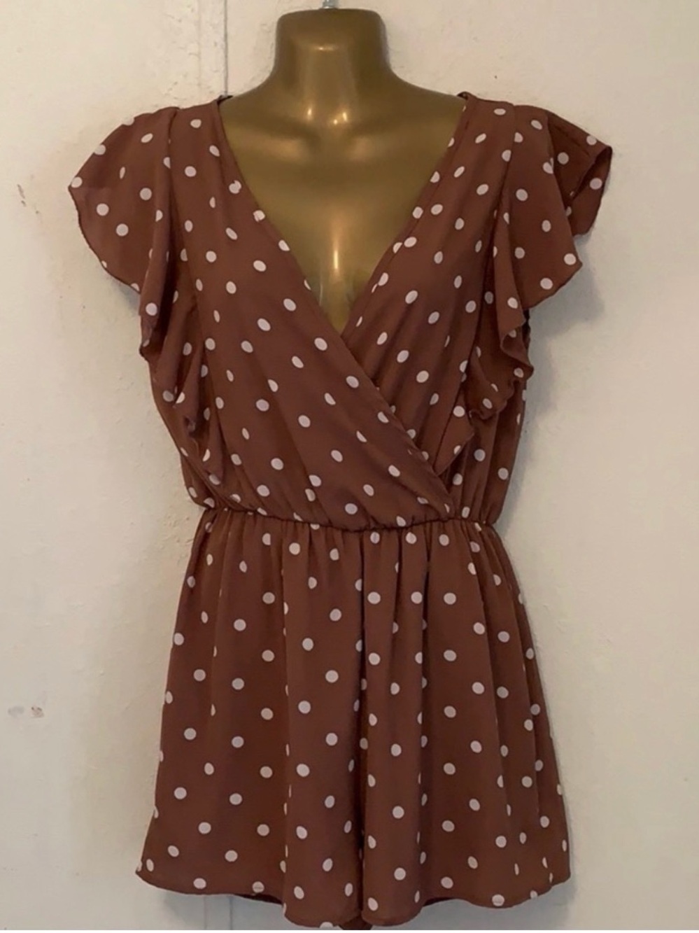 Brown Polka Dot Wrap-Front Women's jumpsuit Dress